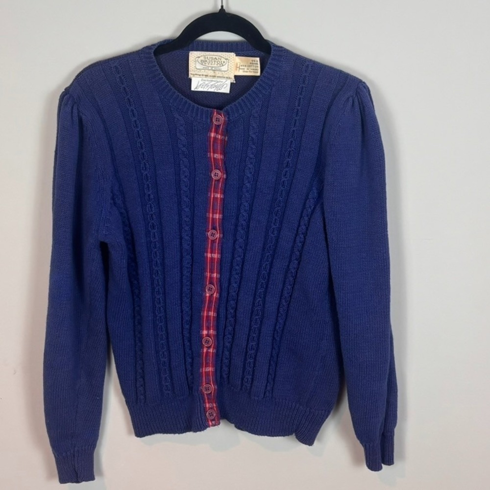 Vintage 1980's Susan Bristol Chunky‎ Knit Navy Womens Cardigan Sz LG Grandmacore